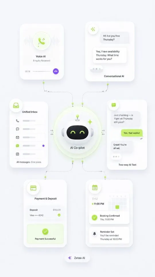 Get booked — voice, inbox, payments, and calendar around Zetea AI