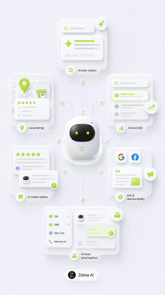 Get found — listings, inbox, ads, and reviews around Zetea AI